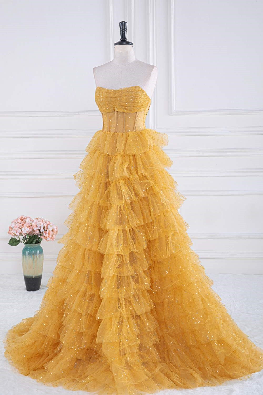 Dressime A-Line Strapless Tulle Sequin Tiered Prom Dresses dressime