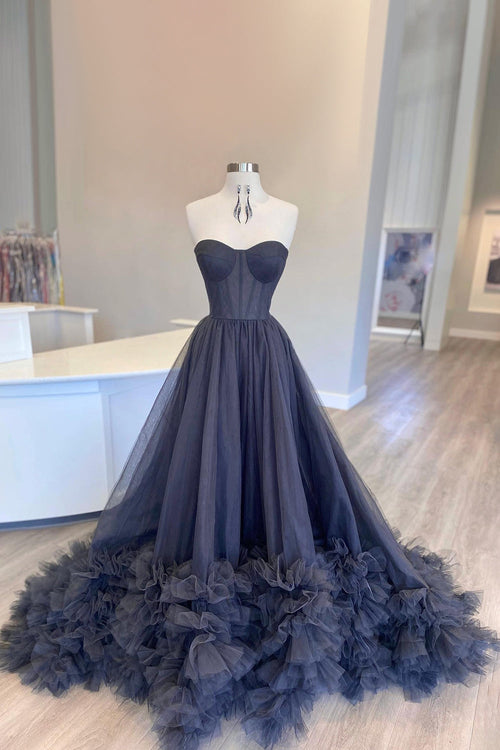 Dressime A Line Strapless Tulle Tiered Long Prom Dress with Ruffles dressime