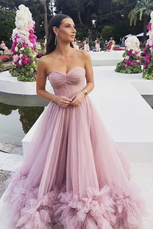 Dressime A Line Strapless Tulle Tiered Long Prom Dress with Ruffles dressime