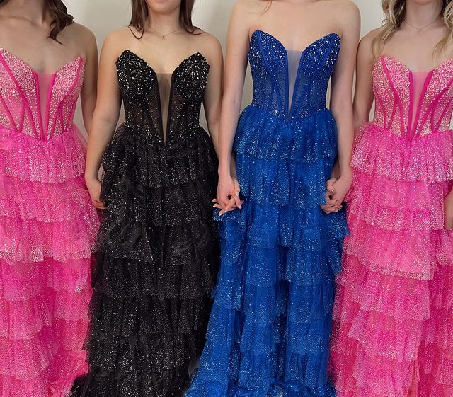 Dressime A Line Strapless Tulle Tiered Ruffle Prom Dress With Slit dressime