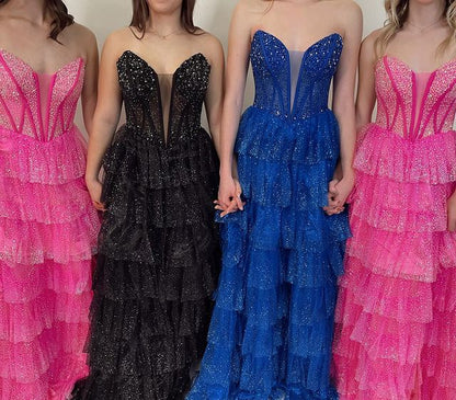 Dressime A Line Strapless Tulle Tiered Ruffle Prom Dress With Slit dressime