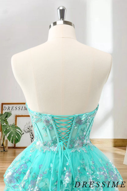 Dressime A Line Strapless Tulle Tiered Short/Mini Homecoming Dress with Sequins dressime