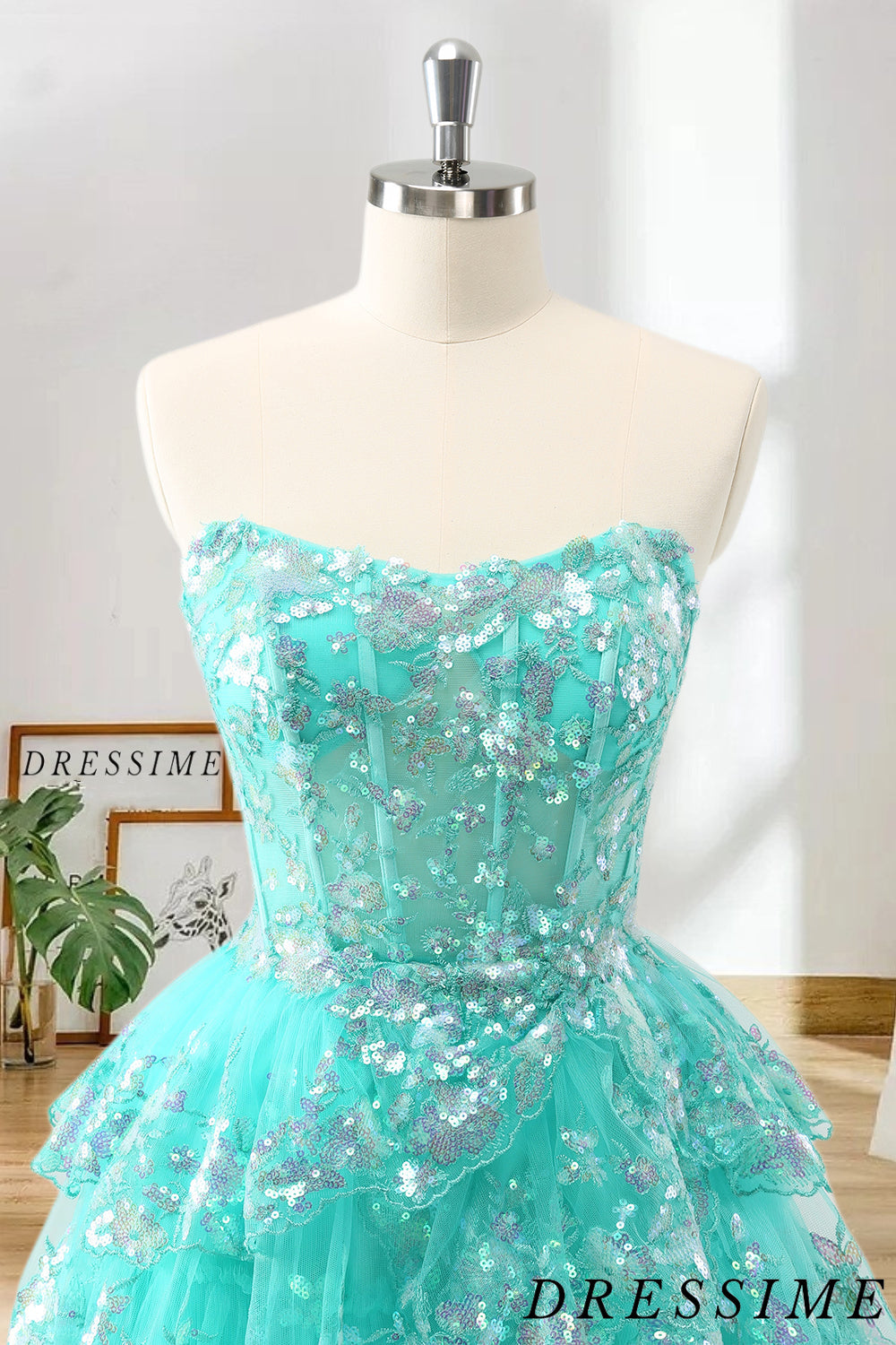 Dressime A Line Strapless Tulle Tiered Short/Mini Homecoming Dress with Sequins dressime