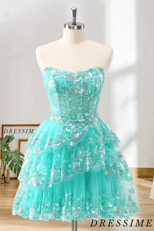 Dressime A Line Strapless Tulle Tiered Short/Mini Homecoming Dress with Sequins dressime