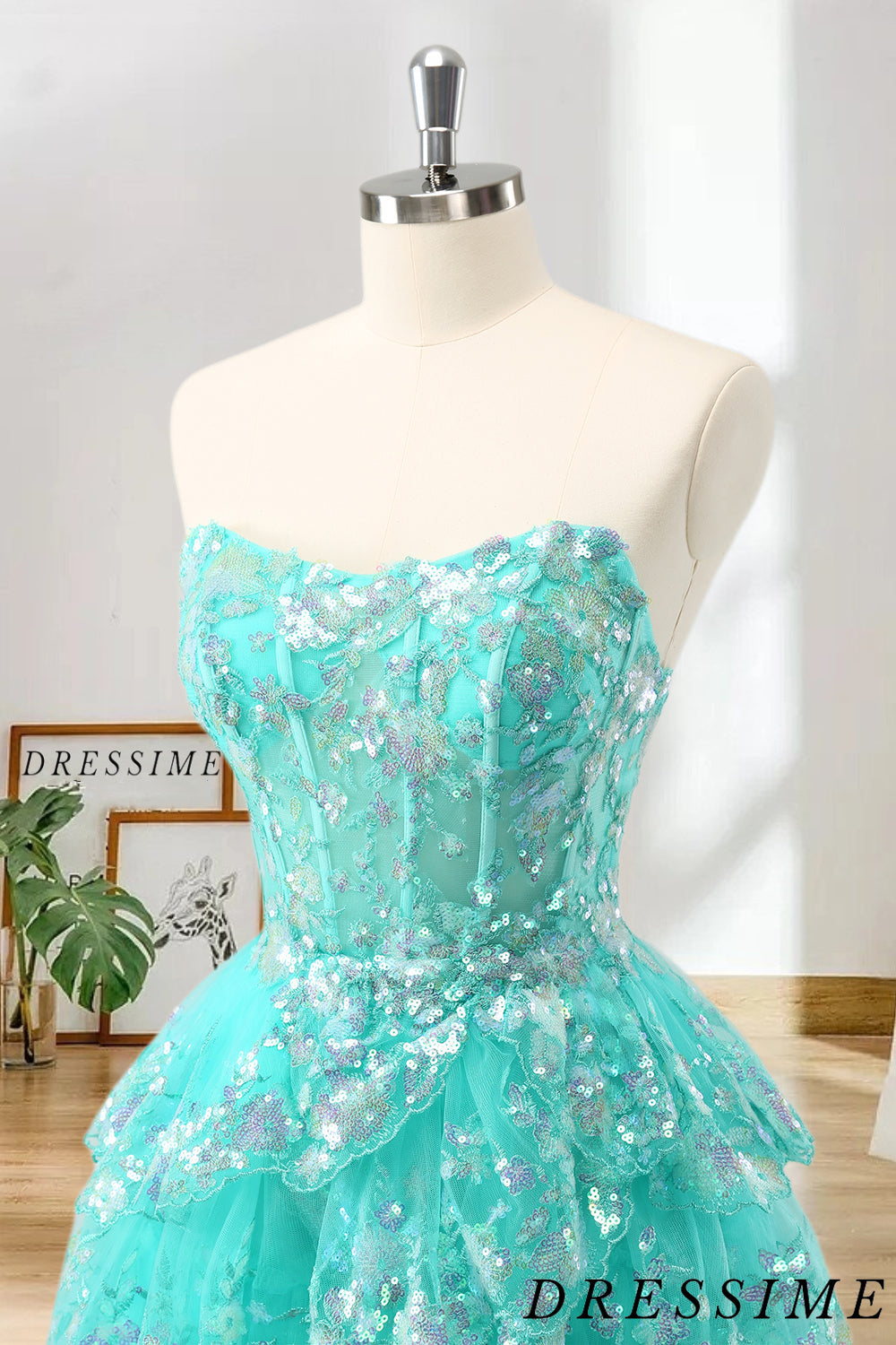 Dressime A Line Strapless Tulle Tiered Short/Mini Homecoming Dress with Sequins dressime