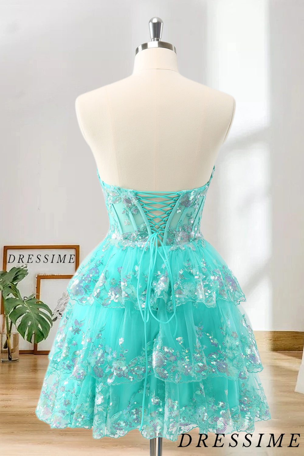 Dressime A Line Strapless Tulle Tiered Short/Mini Homecoming Dress with Sequins dressime