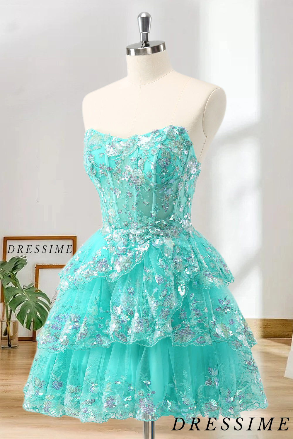 Dressime A Line Strapless Tulle Tiered Short/Mini Homecoming Dress with Sequins dressime