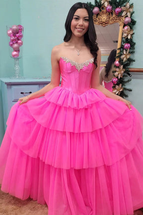 Dressime A Line Strapless Tulle Tiered Slit Long Prom Dress With Beaded dressime