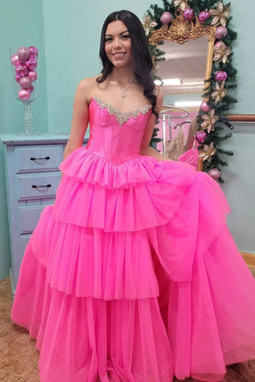 Dressime A Line Strapless Tulle Tiered Slit Long Prom Dress With Beaded dressime