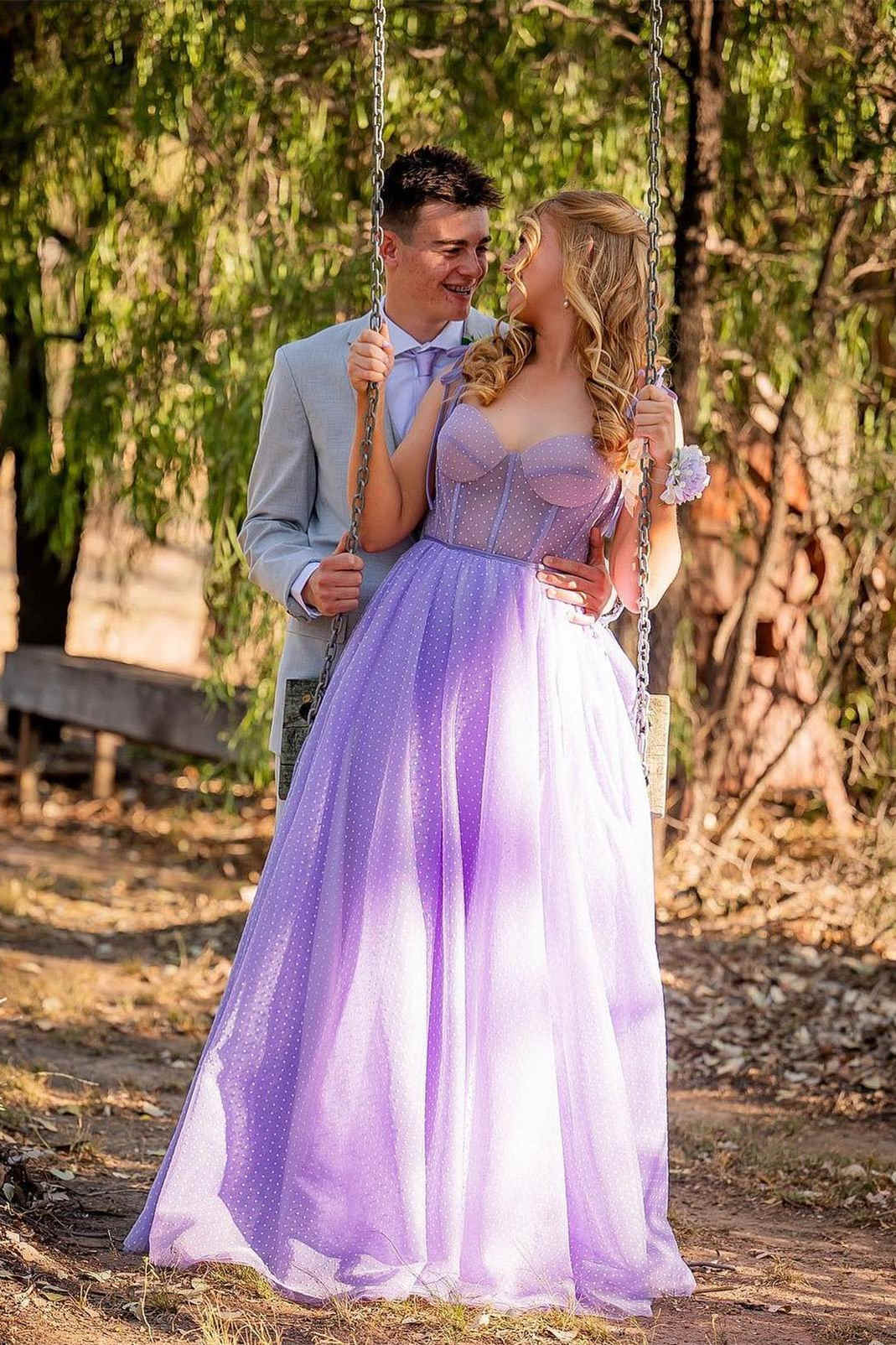 dressimeA-Line Straps Dot Tulle Prom Dresses with Bow Tie 