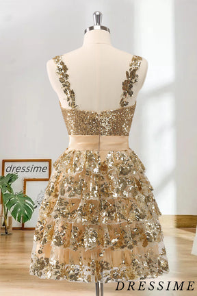 Dressime A Line Straps Sequin Appliques Tiered ShortMini Homecoming Dress With 3D Flowers dressime