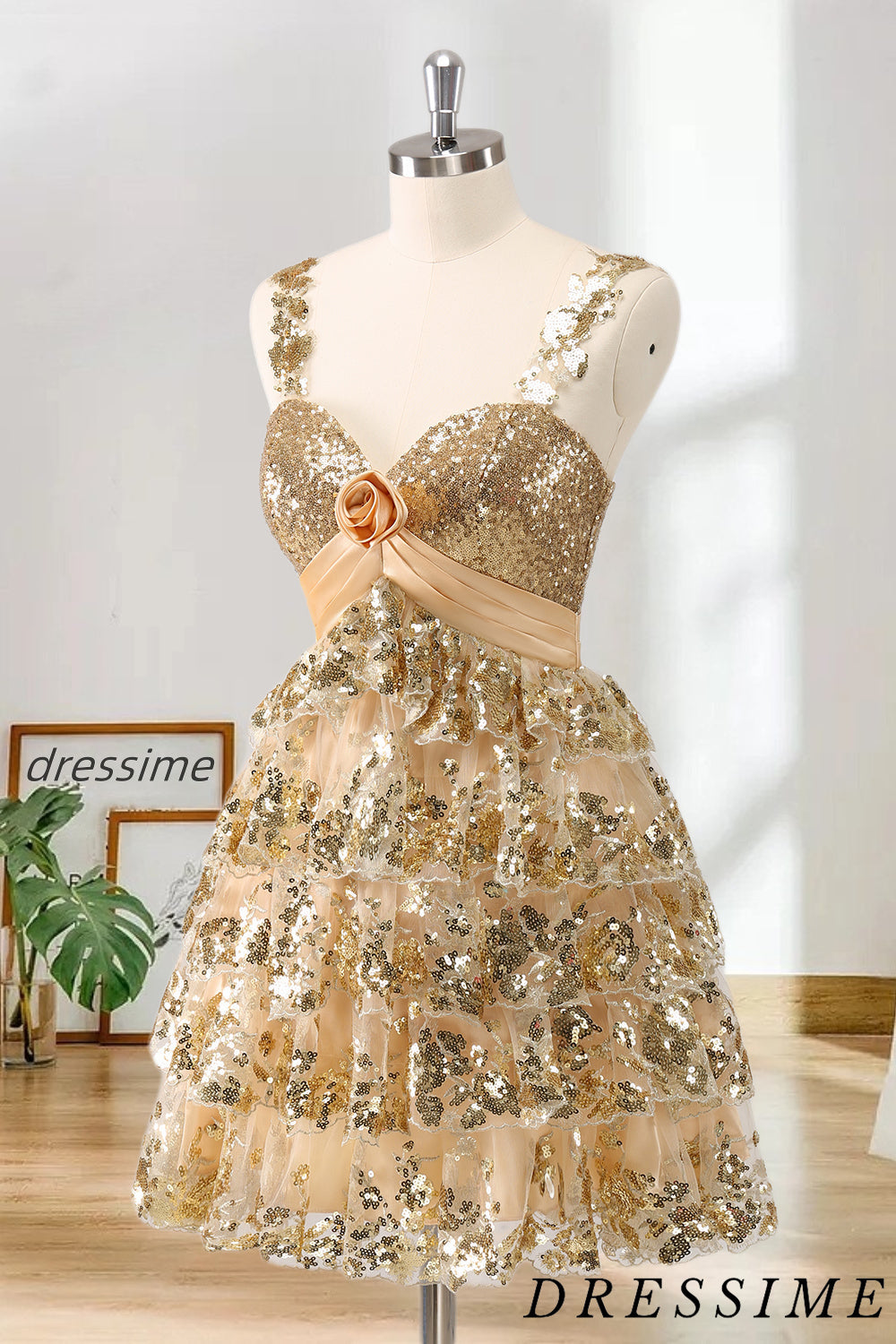 Dressime A Line Straps Sequin Appliques Tiered ShortMini Homecoming Dress With 3D Flowers dressime