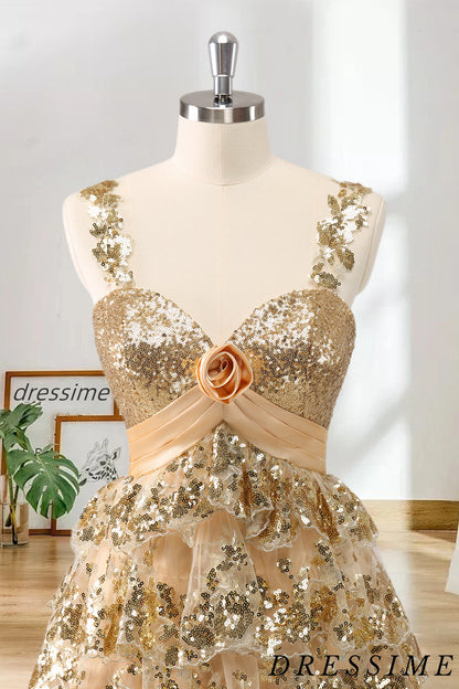 Dressime A Line Straps Sequin Appliques Tiered ShortMini Homecoming Dress With 3D Flowers dressime