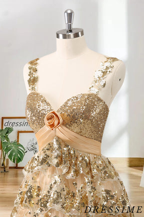 Dressime A Line Straps Sequin Appliques Tiered ShortMini Homecoming Dress With 3D Flowers dressime