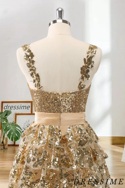 Dressime A Line Straps Sequin Appliques Tiered ShortMini Homecoming Dress With 3D Flowers dressime