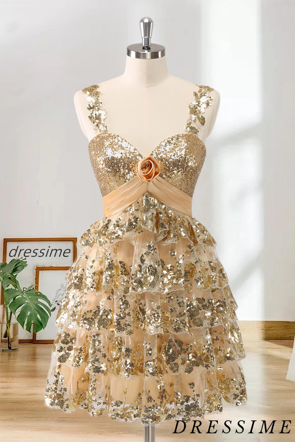 Dressime A Line Straps Sequin Appliques Tiered ShortMini Homecoming Dress With 3D Flowers dressime