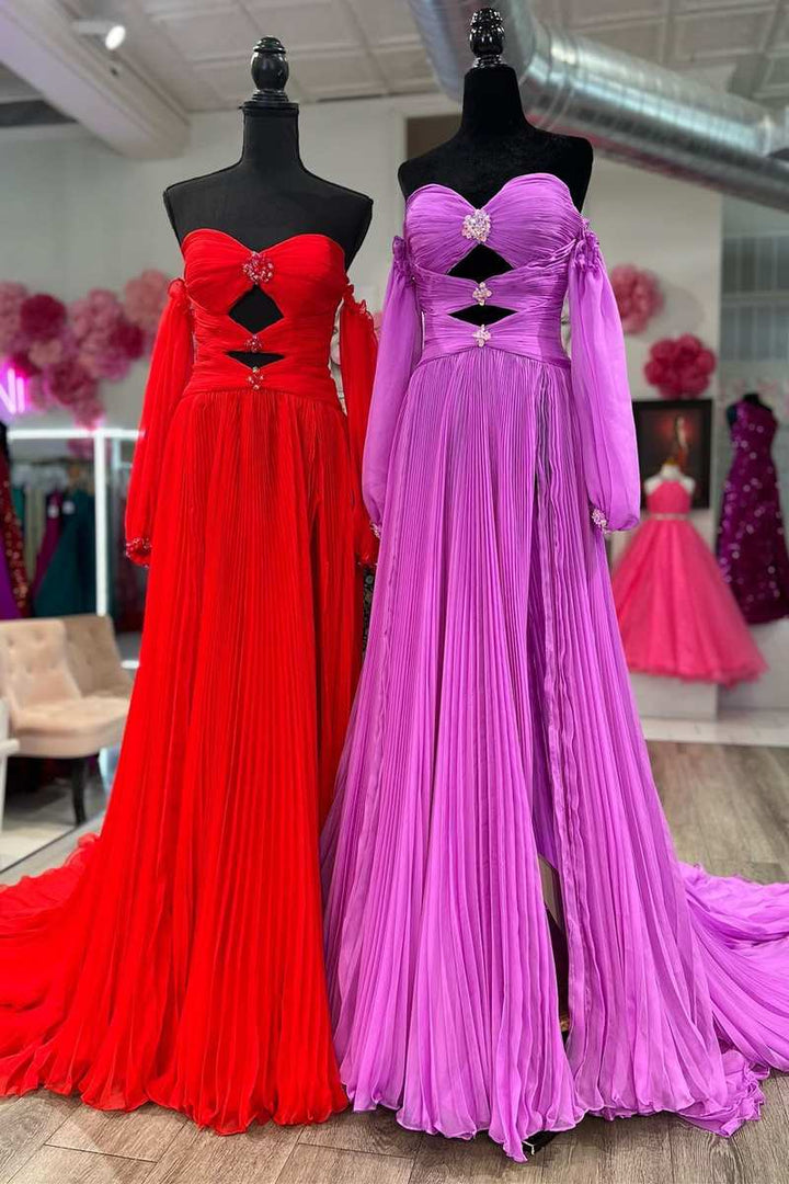 dressimeA Line Sweetheart Beades Chiffon Prom Dresses with Slit 