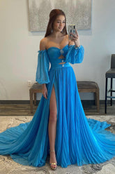 dressimeA Line Sweetheart Beades Chiffon Prom Dresses with Slit 