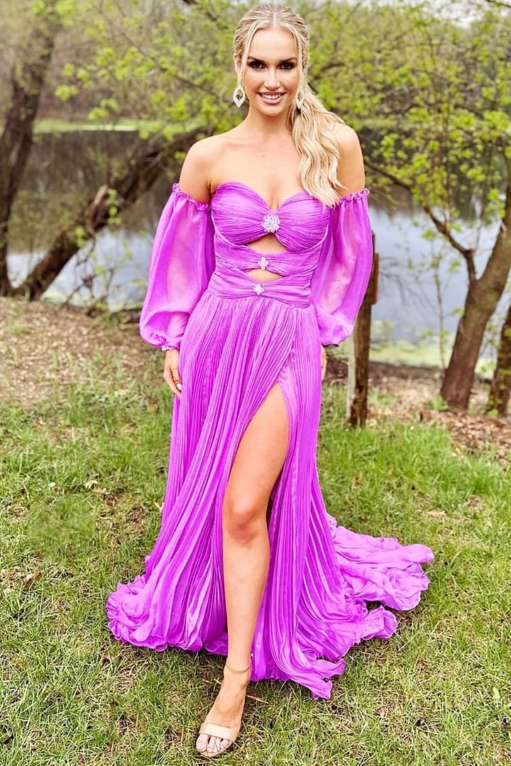 dressimeA Line Sweetheart Beades Chiffon Prom Dresses with Slit 