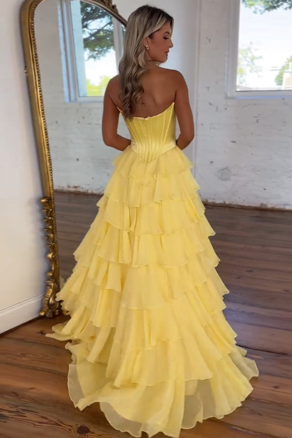 Dressime A Line Sweetheart Chiffon Corset Tiered Long Prom Dress dressime