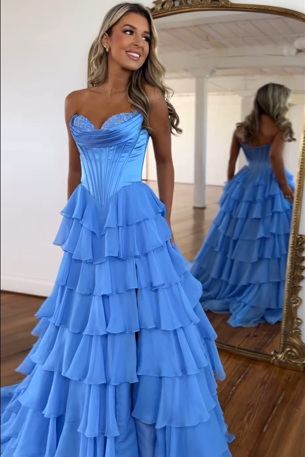 Dressime A Line Sweetheart Chiffon Corset Tiered Long Prom Dress dressime