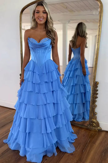 Dressime A Line Sweetheart Chiffon Corset Tiered Long Prom Dress dressime