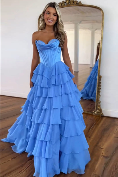 Dressime A Line Sweetheart Chiffon Corset Tiered Long Prom Dress dressime