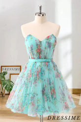 Dressime A Line Sweetheart Chiffon Floral Print Short/Mini Homecoming Dress dressime