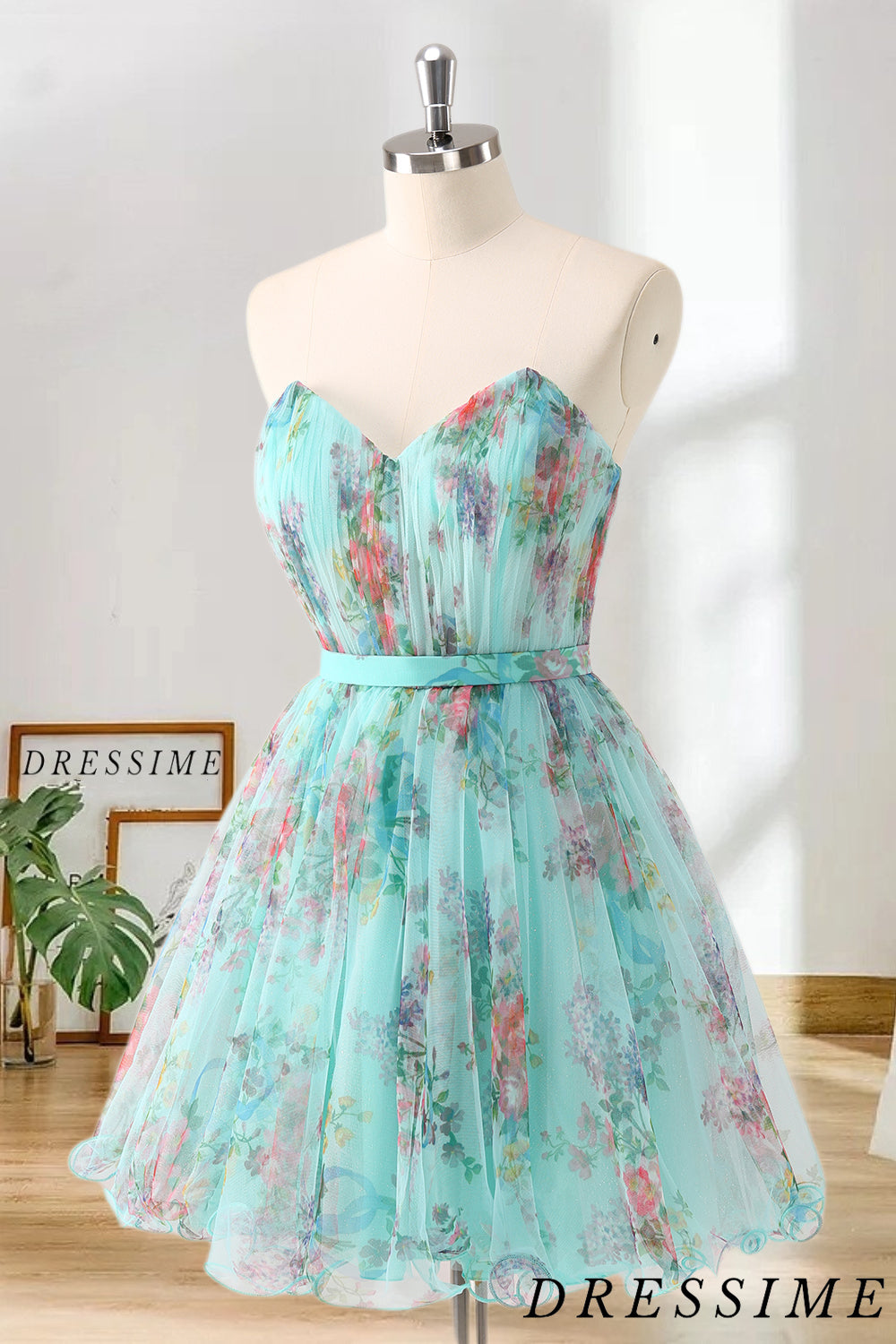 Dressime A Line Sweetheart Chiffon Floral Print Short/Mini Homecoming Dress dressime