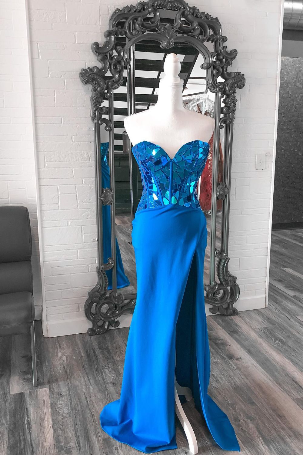 Dressime A Line Sweetheart Glass Mirror Long Prom Dress with Slit dressime