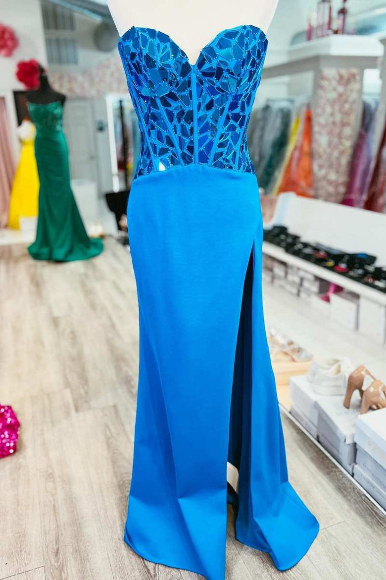 Dressime A Line Sweetheart Glass Mirror Long Prom Dress with Slit dressime