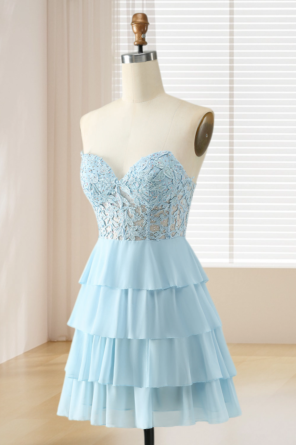 Dressime A Line Sweetheart Lace Chiffon Short/Mini Tiered Prom Dress With Ruffle dressime