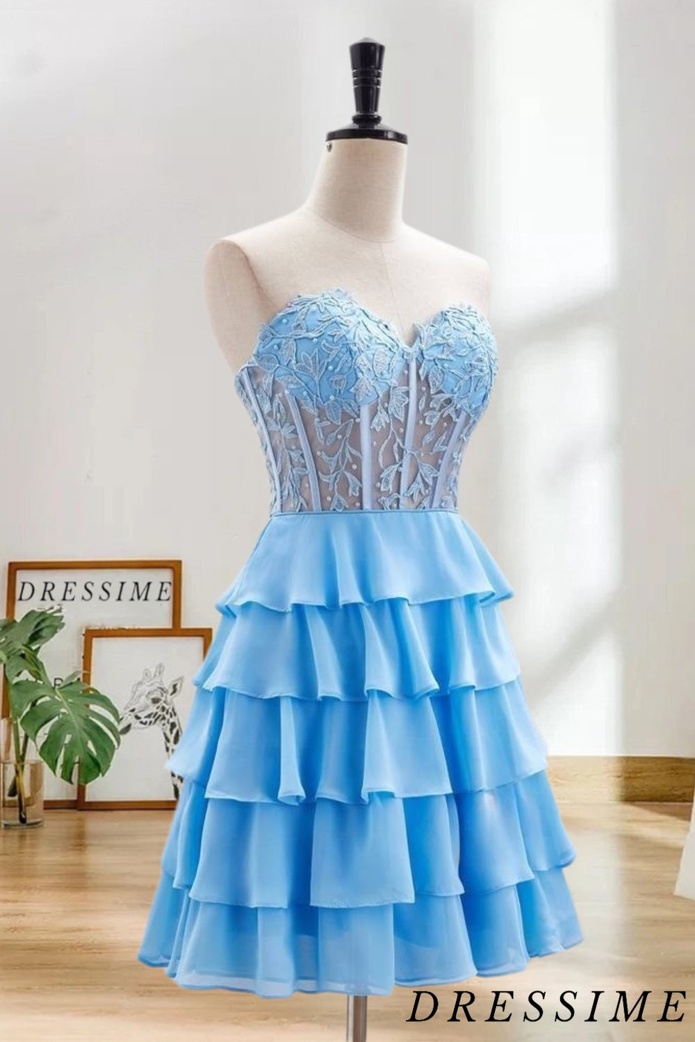 Dressime A Line Sweetheart Lace Chiffon Short/Mini Tiered Prom Dress With Ruffle dressime