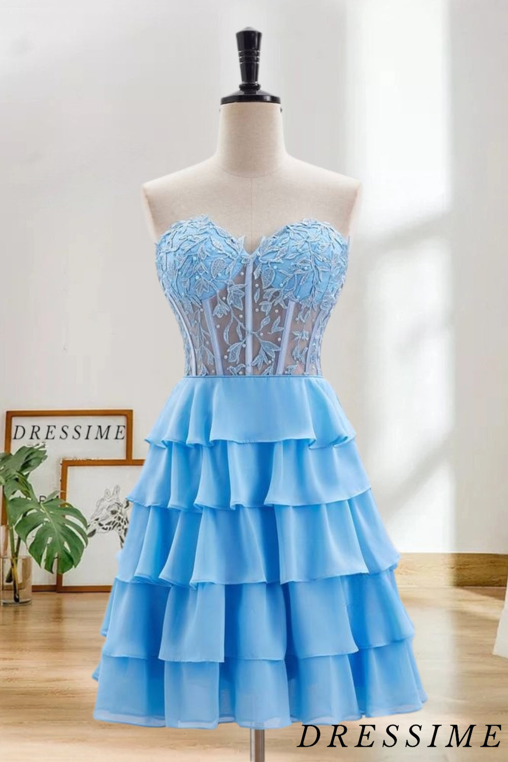 Dressime A Line Sweetheart Lace Chiffon Short/Mini Tiered Prom Dress With Ruffle dressime