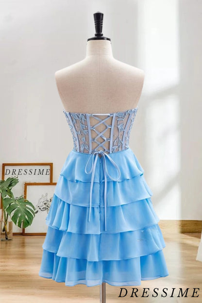 Dressime A Line Sweetheart Lace Chiffon Short/Mini Tiered Prom Dress With Ruffle dressime