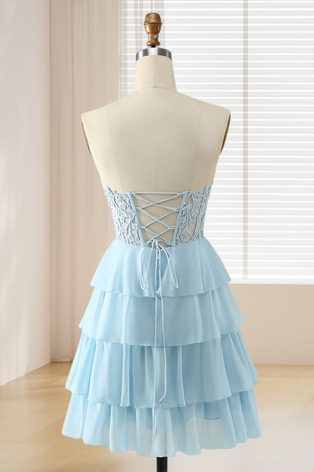 Dressime A Line Sweetheart Lace Chiffon Short/Mini Tiered Prom Dress With Ruffle dressime