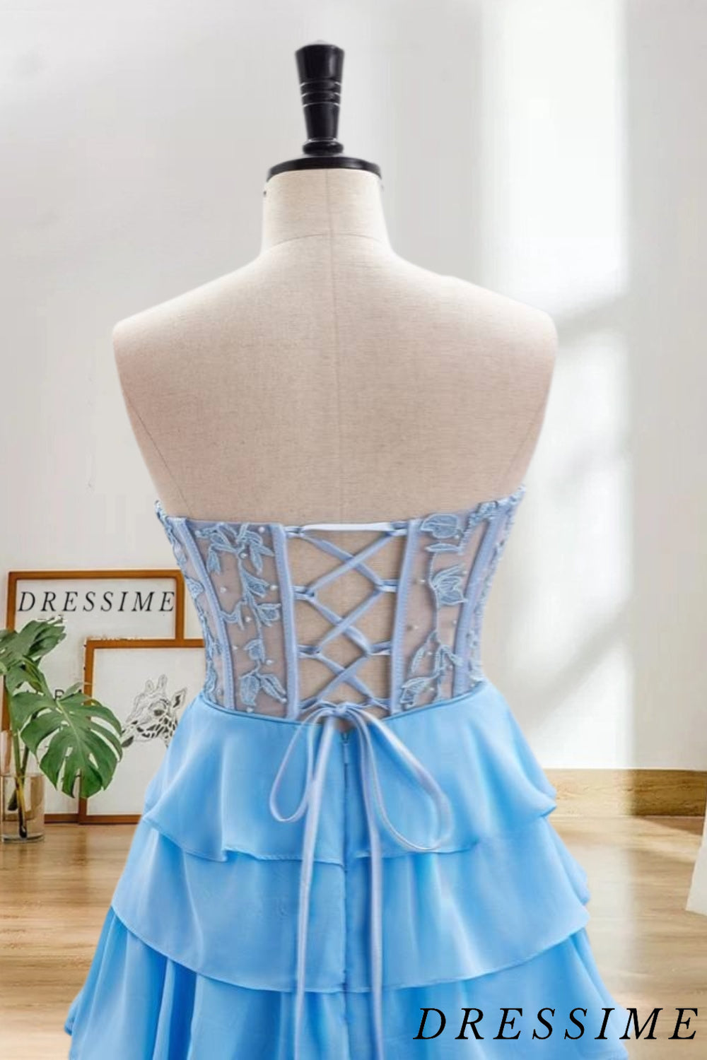 Dressime A Line Sweetheart Lace Chiffon Short/Mini Tiered Prom Dress With Ruffle dressime