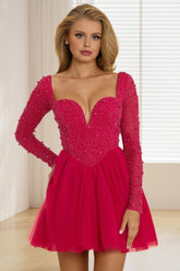 Dressime A Line Sweetheart Long Sleeves Tulle Short/Mini Homecoming Dress With Beaded dressime