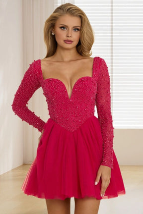 Dressime A Line Sweetheart Long Sleeves Tulle Short/Mini Homecoming Dress With Beaded dressime