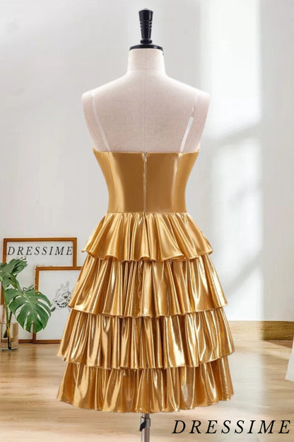 Dressime A Line Sweetheart Metallic Satin Short/MIni Tiered Homecoming Dress dressime