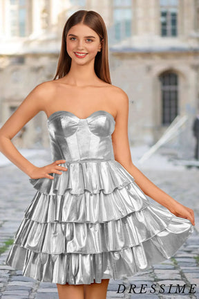 Dressime A Line Sweetheart Metallic Satin Short/MIni Tiered Homecoming Dress dressime