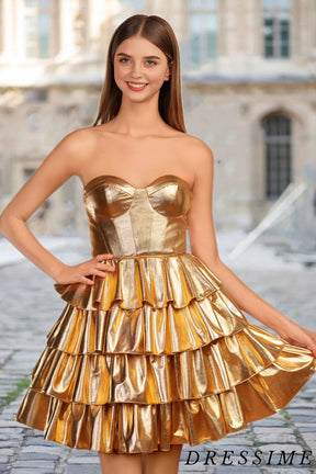 Dressime A Line Sweetheart Metallic Satin Short/MIni Tiered Homecoming Dress dressime