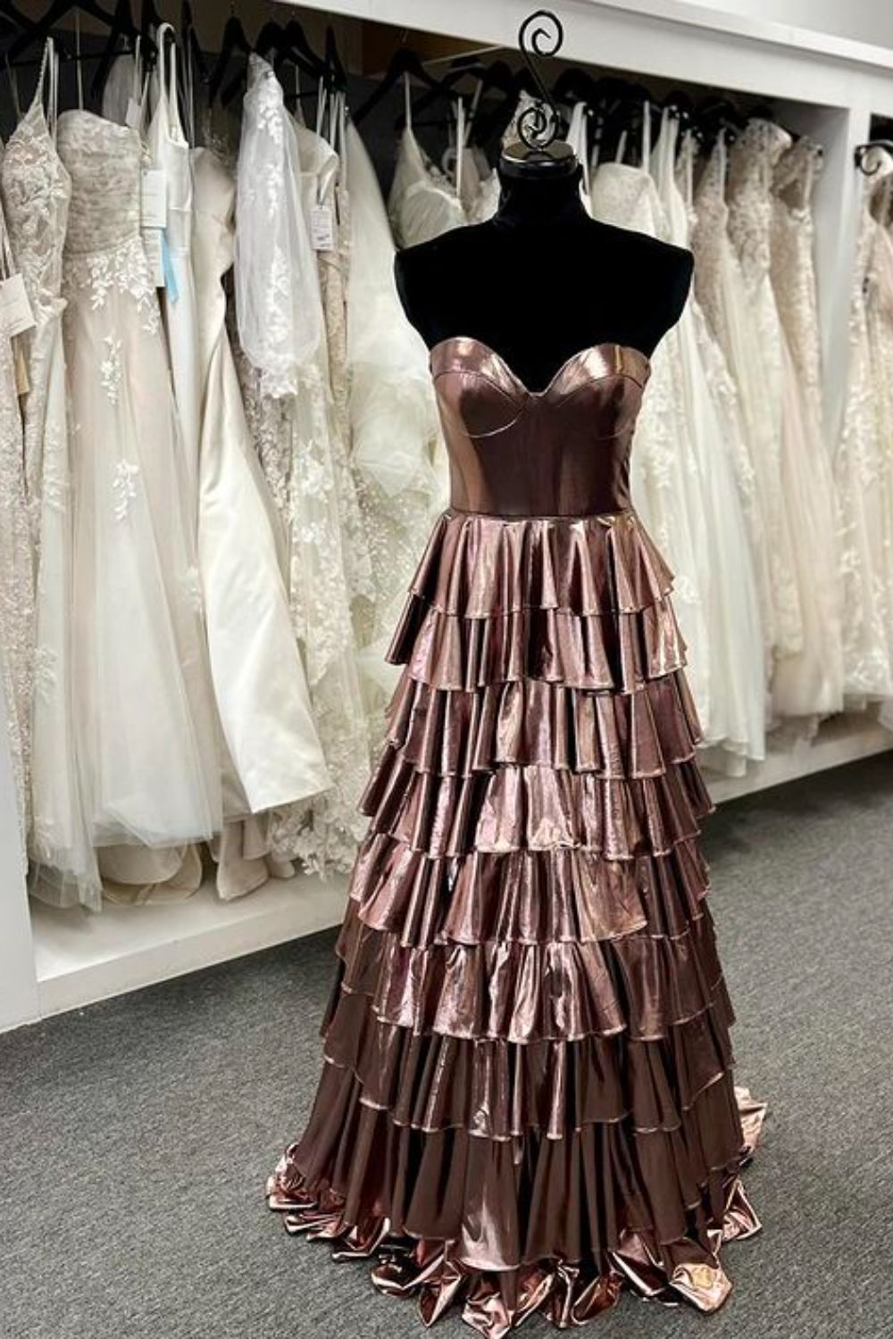 Dressime A Line Sweetheart Metallic Satin Tiered Long Prom Dress dressime