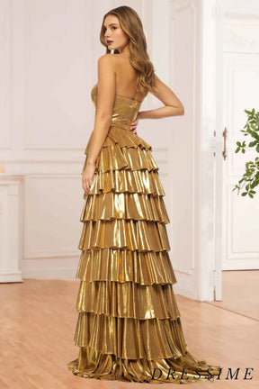 Dressime A Line Sweetheart Metallic Satin Tiered Long Prom Dress dressime