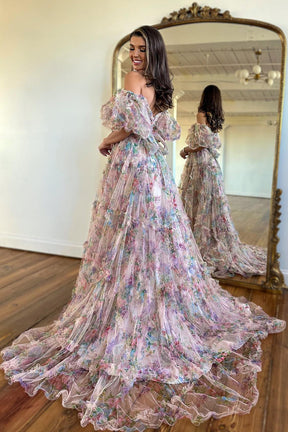 dressimeA Line Sweetheart Ruffles Sweep Train Floral Printed Chiffon Prom Dresses 