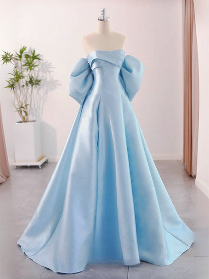 Dressime A-Line Sweetheart Satin Long Party Dress With Puff Sleeves dressime