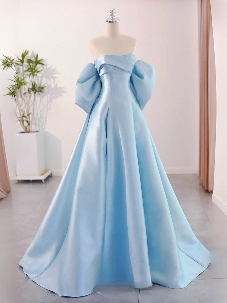 Dressime A-Line Sweetheart Satin Long Party Dress With Puff Sleeves dressime