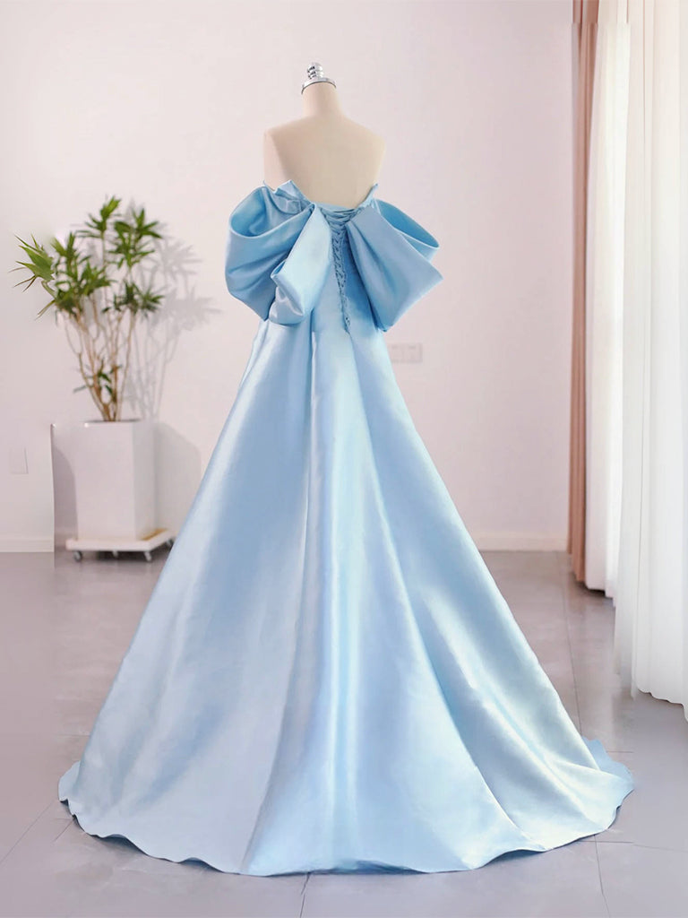 Dressime A-Line Sweetheart Satin Long Party Dress With Puff Sleeves dressime