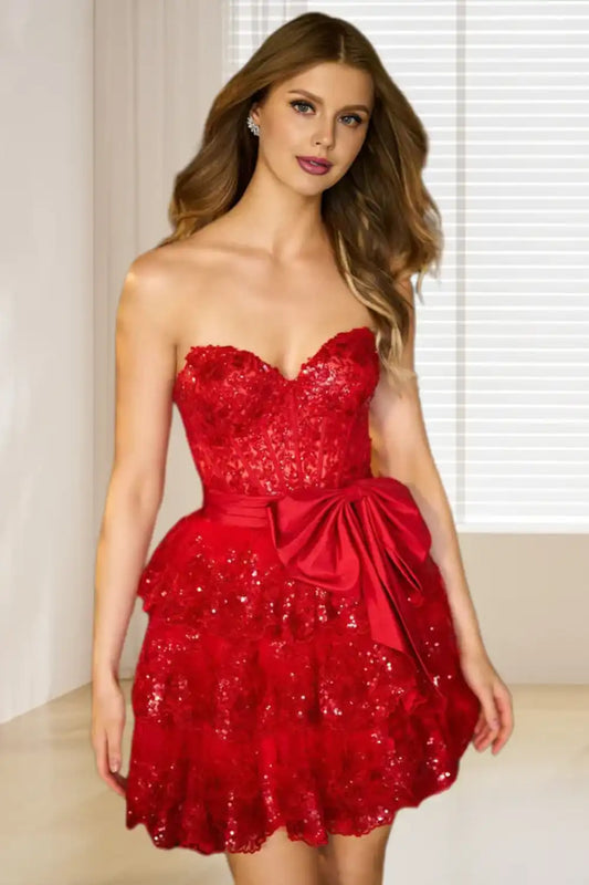 Dressime A Line Sweetheart Sequin Appliques Tiered Short/Mini Homecoming Dress With Bow dressime