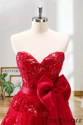 Dressime A Line Sweetheart Sequin Appliques Tiered Short/Mini Homecoming Dress With Bow dressime